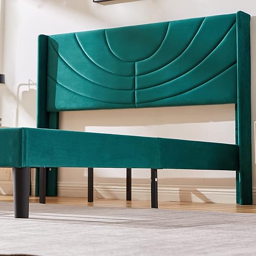 VECELO Queen Bed Frame Upholstered Platform with Fabric Headboard,Wooden Slats Support/No Box Spring Needed/Mattress Foundation,Dark Green