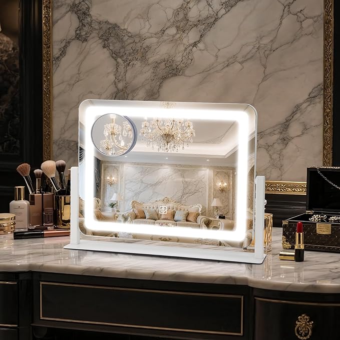 Vanity Mirror with Lights, 16"×12.4" LED Makeup Mirror, Rounded Frame, 10X Magnification, Smart Touch with 3-Color Lighting, Dimmable, 360° Rotation, Lighted Up for Makeup Desk, Bedroom (White)