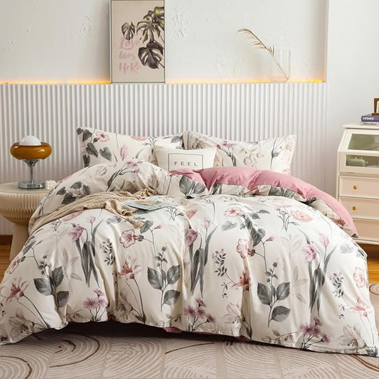 OAITE Duvet Cover Set King Size Floral Pattern 600 Thread Count Ultra Soft 100% Long Staple Cotton Duvet Cover Sets 3-PC, Breathable Duvet Cover with Zipper Closure & Corner Ties