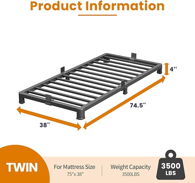 NKZ Twin Platform Bed Frame 4 Inch, Heavy Duty Metal Low Profile Bed Frame with Round Corner Legs, 3500lbs Weight Capacity Reinforced Frame, No Box Spring Needed，Noise-Free, Easy Assembly