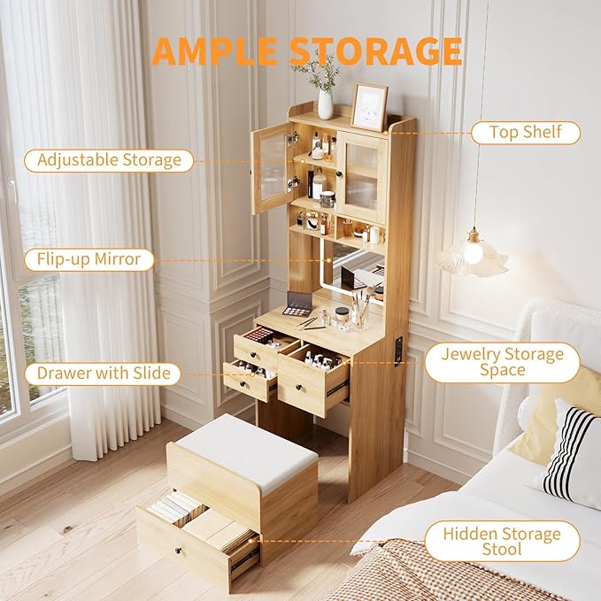 3-in-1 Make Up Vanity Desk with Mirror & Lights, Compact Vanity Table with Drawers, Storage Compartment and Rolling Stool, Modern Small Makeup Vanity and Storage Chair for Bedroom, Powder Room