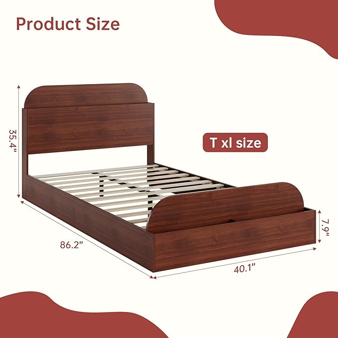 Garvee Twin XL Size Bed Frame with Storage Headboard and Raised Footboard – Wooden Twin-Floor Low Platform Bed for Kids, Heavy Duty & Noise Free, No Box Spring Needed, Espresso