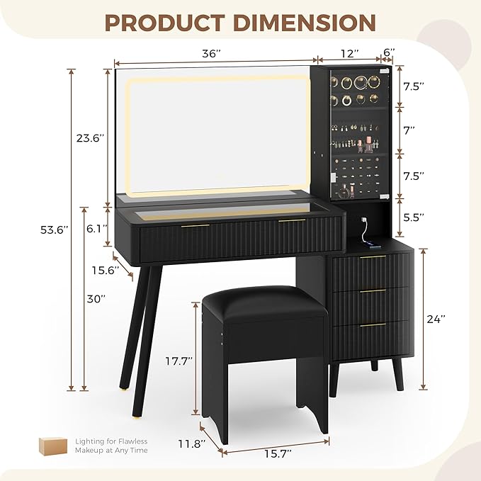 Garvee Vanity Desk with Lighted Mirror, Makeup Vanity with Charging Station, Glass Top Dressing Table with Cushioned Storage Stool for Bedroom, Black
