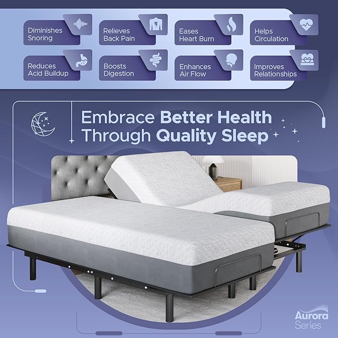 Celestial Aurora Adjustable Bed Base (Frame) + 8 inch Gel Memory Foam Mattress (Firm), Easy Assembly, Head and Foot Lift, Zero Gravity, Memory Positions, CertiPUR-US Bed - Split King