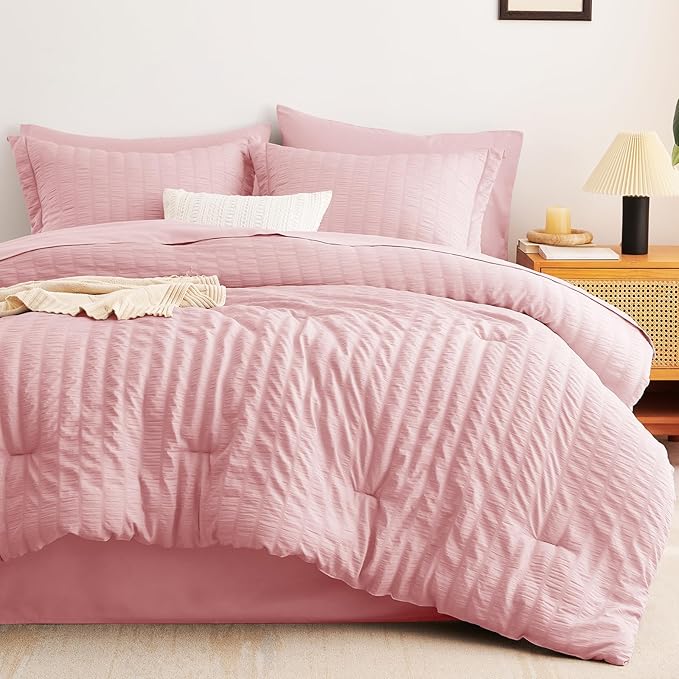 CozyLux Queen Comforter Set Pink Seersucker 7 Pieces Bed in a Bag Queen Comforter Set with Sheets, Luxury Soft Bedding Set with Down Alternative Comforter, Sheets, Pillowcases & Shams for All Seasons