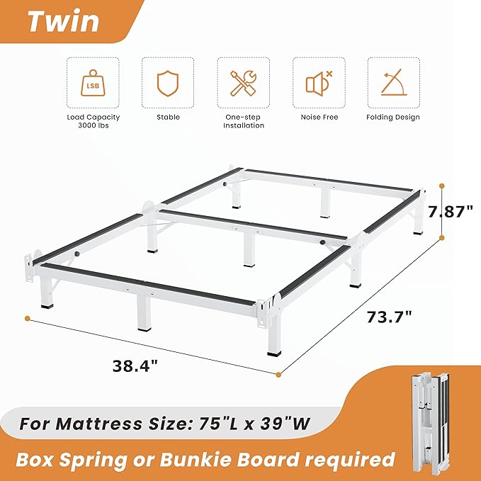 MAF Metal Bed Frame Twin, 9-Legs Support Bed Base, 8 Inches Twin Bed Frame for Box Spring and Mattress, Basics Bed Frame Headboard Attachable Tool-Free Easy Assembly, White