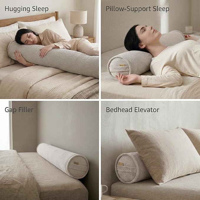 Long Pillow for Bed – Corduroy Round Bolster Pillow for Adults, Decorative Body Pillow for Sleeping or Sofa Support,39 x 7.87 Inches,Beige Gray