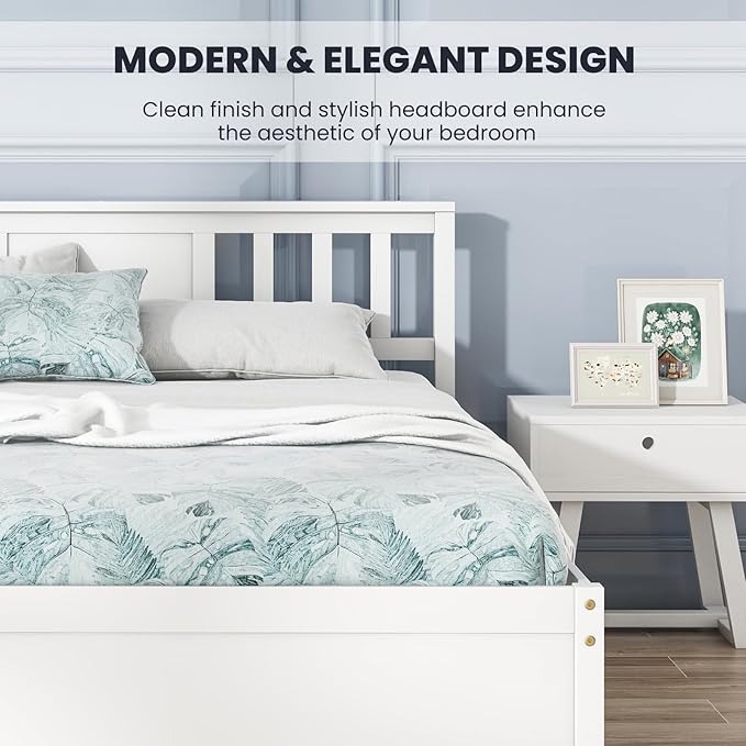 Giantex Full Size Solid Wood Platform Bed Frame, Mid Century Full Bed Frame with Headboard, Wood Slat Support, Double Panel Bed, No Box Spring Needed, Easy Assembly, White
