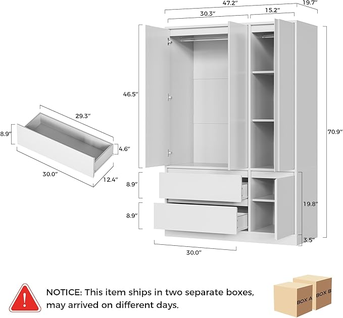 IRONCK 47.2" Armoire Wardrobe Closet with Drawers, White Armoire with Hanging Rods & DIY Adjustable Shelves, Modern Wardrobe with Soft-Close Hinges & Anti-Tip Device, Freestanding Closet for Bedroom