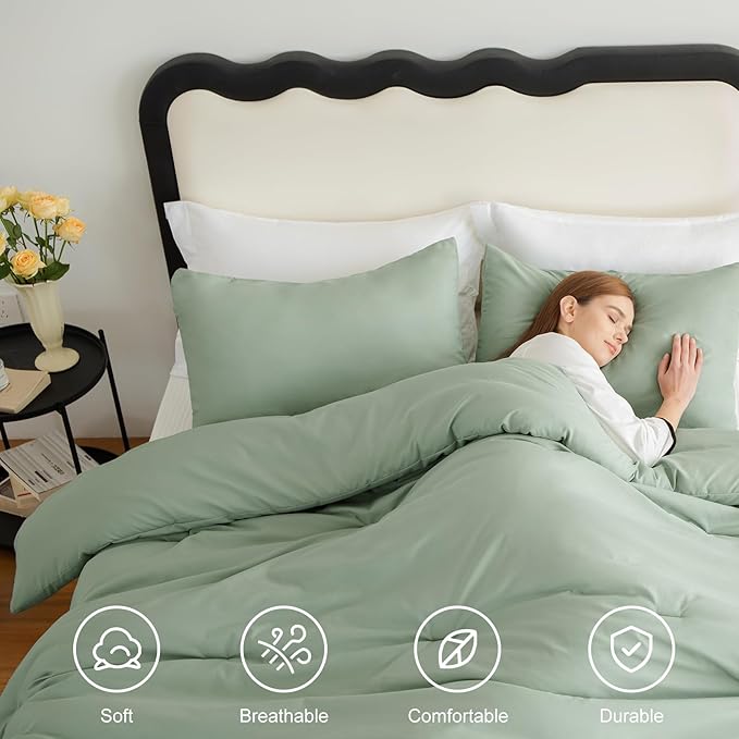 CozyLux Sage Green Queen Comforter Set, 3 Pieces Solid Breathable Quilted Bedding Sets, Luxury Fluffy Soft Bed Set with Down Alternative Comforter for All Season (1 Comforter & 2 Pillowcases)