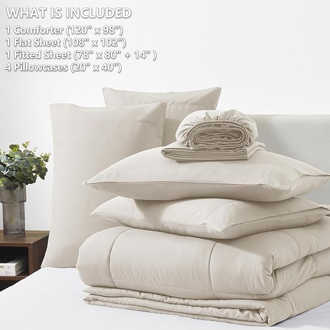 CozyLux Oversized King Comforter Sets Beige, 7 Pieces Bed in a Bag, Ultra-Soft All Season Bedding Sets with Stitch Quilted Comforter, Flat Sheet, Fitted Sheet, Pillowcases