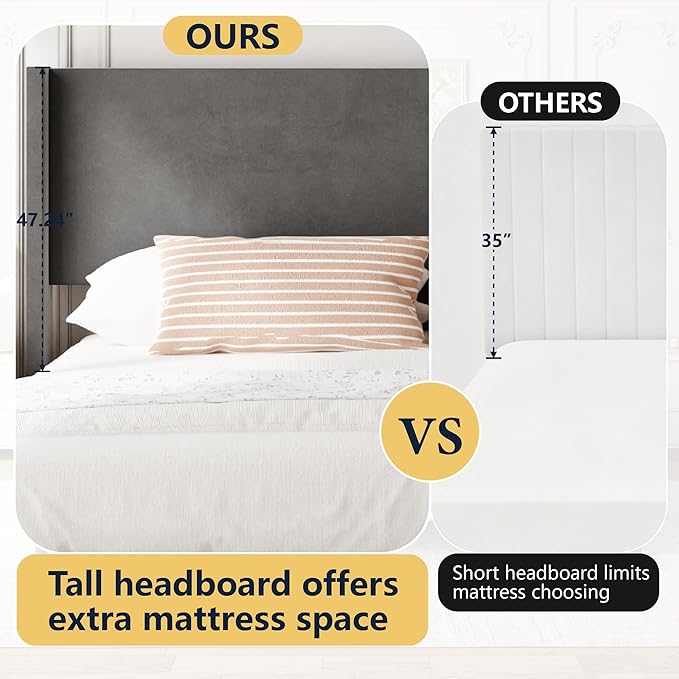 Sismplly Queen Bed Frame with Wingback Headboard, Velvet Upholstered Platform Bed with Wooden Slats, 6.46“ Under Bed Storage, Metal Support, Noise Free, No Box Spring Needed, Gray