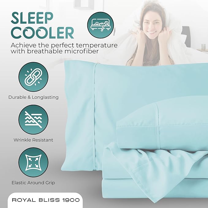 Top Split King Sheets Sets for Adjustable Bed, 4 Pcs Deep Pockets Double Brushed Microfiber Sheets, 34 Inch Split Top Fitted Sheet, 1 King Flat Sheet and 2 Pillowcases - Aqua