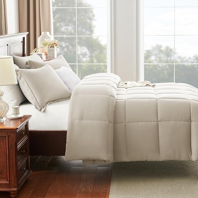 CozyLux Queen Comforter Set - 270GSM Beige Bedding Sets for All Seasons, 3 Pieces Box Stitched Bed Set with 1 Down Alternative Comforter and 2 Pillow Shams, Soft, Lightweight, Breathable