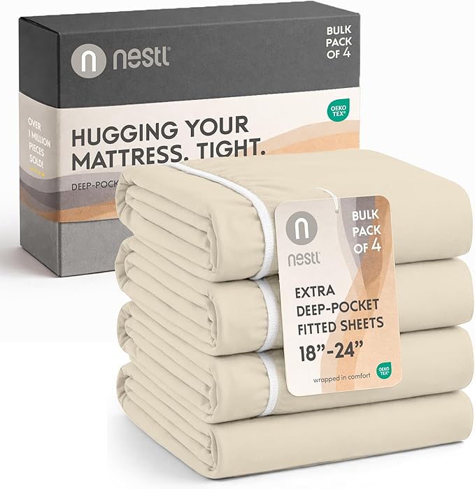 Nestl 4 Pack Beige Cream Fitted Sheet Extra Deep Pocket, Hotel Luxury FullFitted Sheet Only Easily Fits 18 to 24 Inch Mattress, Super Soft, Wrinkle-Free and Breathable with Corner Straps