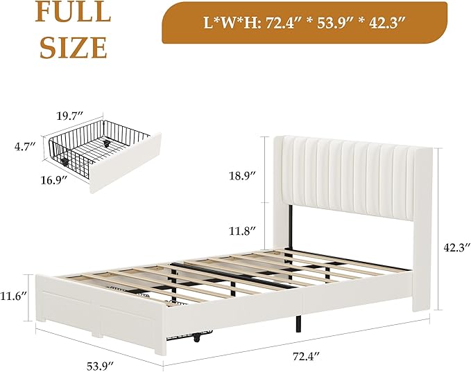 IDEALHOUSE Full Bed Frame with Wingback Headboard, Velvet Upholstered Platform Bed with 2 Storage Drawers, Vertical Tufted Headboard Design, Wooden Slats Support, No Box Spring Needed, White