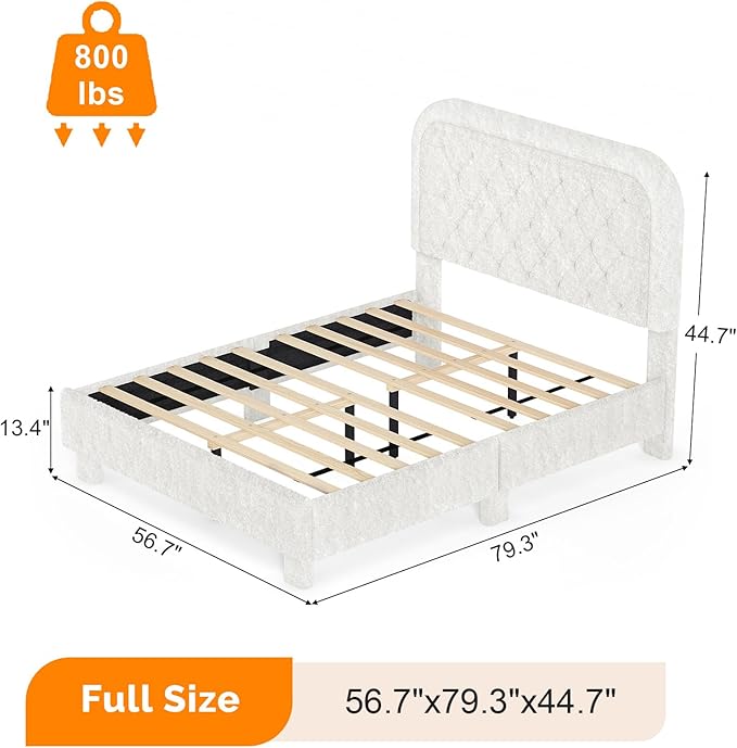 VINGLI Full Boucle Cloud Bed Frame with Headboard,Upholstered Soft Bed with Wood Sturdy Slats Support, Rounded Corners,Modern Cream Style,Easy Assembly, White