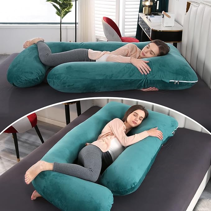 U-Shaped Full Body Pregnancy Pillow for Sleeping – 57" Maternity Pillow with Removable Cover, Support for Back, Legs, Belly & Hips (Velvet-Forest Green)