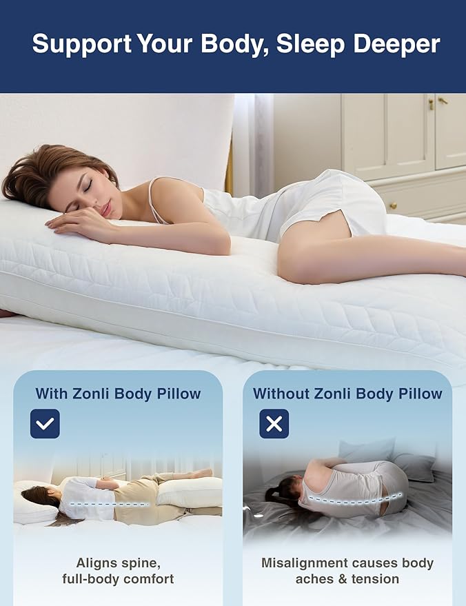 ZonLi Long Body Pillow for Adults, Firm Body Pillow with Adjustable Shredded Memory Foam, Soft Support for Side Sleepers, Pregnant Women, Washable Quilted, 20 x 54 Inch, White