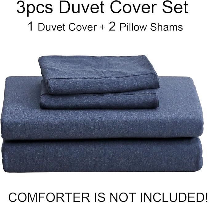PURE ERA Jersey Knit Duvet Cover Set 100% T-Shirt Cotton Super Soft Comfy 3pc Bedding Set with Zipper Closure (Heather Navy Blue, Oversized Queen)
