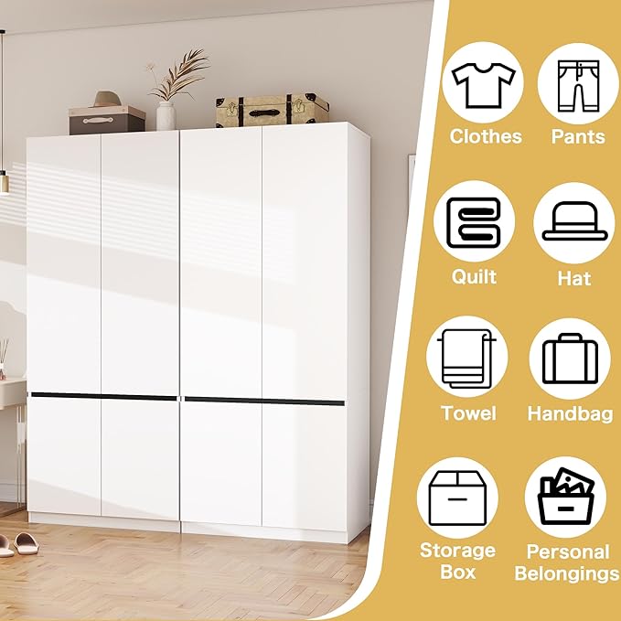 White Armoire Wardrobe Closet: 74" Wooden Wardrobe Closet with 4 Doors, Bedroom Armoires with Hanging Rod, Tall Closets Cabinet for Hanging Clothes (63")