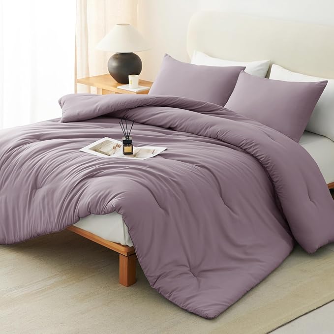 CozyLux Oversized King Comforter Set Dusty Purple, 3 Pieces 120x98 Solid Breathable Bedding Sets, Grayish Purple Luxury Soft Lightweight Bed Set with Down Alternative Comforter and 2 Pillowcases