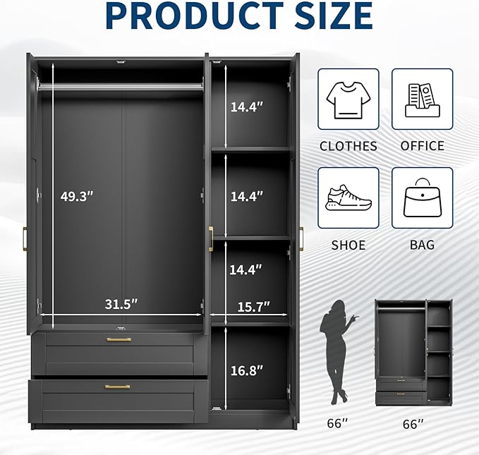 66" 3 Doors Wooden Wardrobe Closet Armoire with 2 Drawers & 3 Shelves, Wooden Wardrobe Closet with Hanging Rod, Bedroom Large Capacity Freestanding Armoire for Bedroom,Cloak Room,Entrance Hall, Black