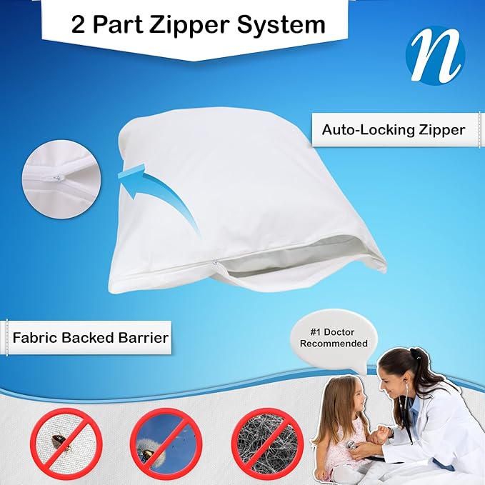 National Allergy Premium 100% Cotton Zippered Pillow Protector - Standard Size - White - 3 Pack - 300 Thread Count - Hypoallergenic Bed Pillowcase with Zipper - Breathable Encasement Cover