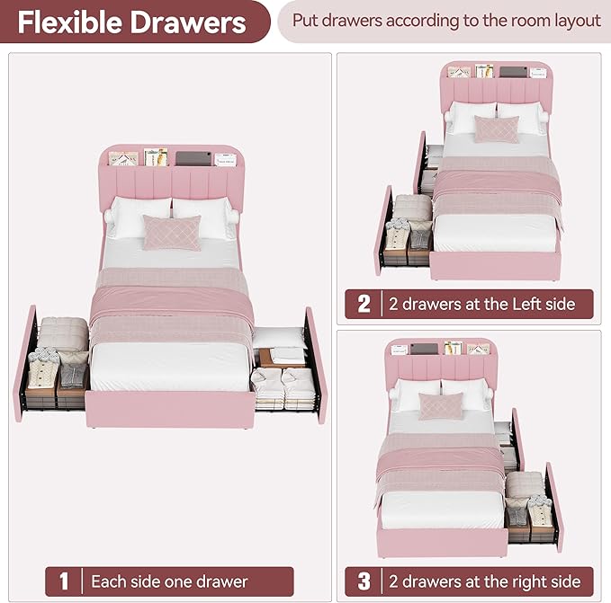 GarveeHome Twin XL Bed Frame with Storage Headboard, Girls Bed Frame with 2 Drawers, Boucle Upholstered Platform Bed with Bookcase, No Box Spring Needed, Easy Assembly, Light Pink