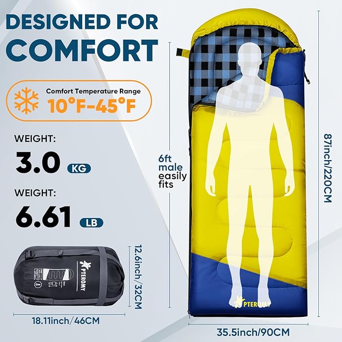PTEROMY Sleeping Bags for Adults, Lightweight and Machine Washable, Water Resistant Backpacking Camping Sleeping Bag for Warm Cold Weather, Camping Essentials for Hiking Travel