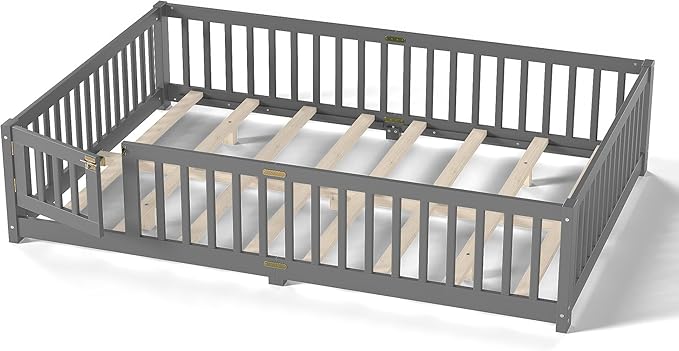 Bellemave Queen Floor Bed with Slats and Door, Queen Size Montessori Floor Bed with Fence and Door, Easy Assemble Montessori Beds Frame for Girls, Boys, Gray