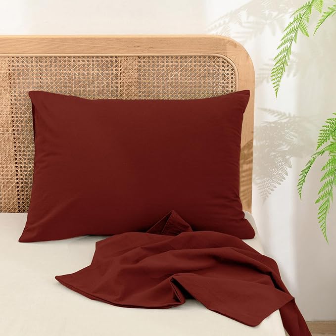 BESTOUCH 100% Washed Cotton Pillowcase for Hair and Skin Linen Feel Soft Comfortable Breathable 2 Set Pillow Case with Envelope Closure Solid Fired Brick Red King 20x36 Inches