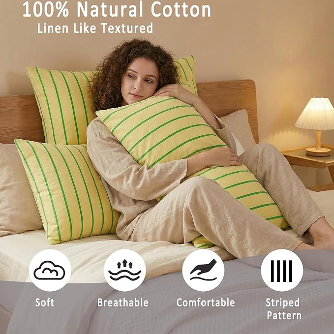 Merryword 100% Cotton Pillow Cases, King Size Pillowcases, Khaki & Green Striped Pillowcases, Luxury Linen Like Pillowcase, Soft Breathable Track Stripes Pillow Covers, Set of 2