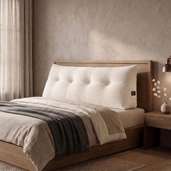 Headboard Pillow Full Size, Reading Pillow for Bed, Wave Pattern Wedge Pillow, Tufted Backrest Support, Headboard Substitute, Beige