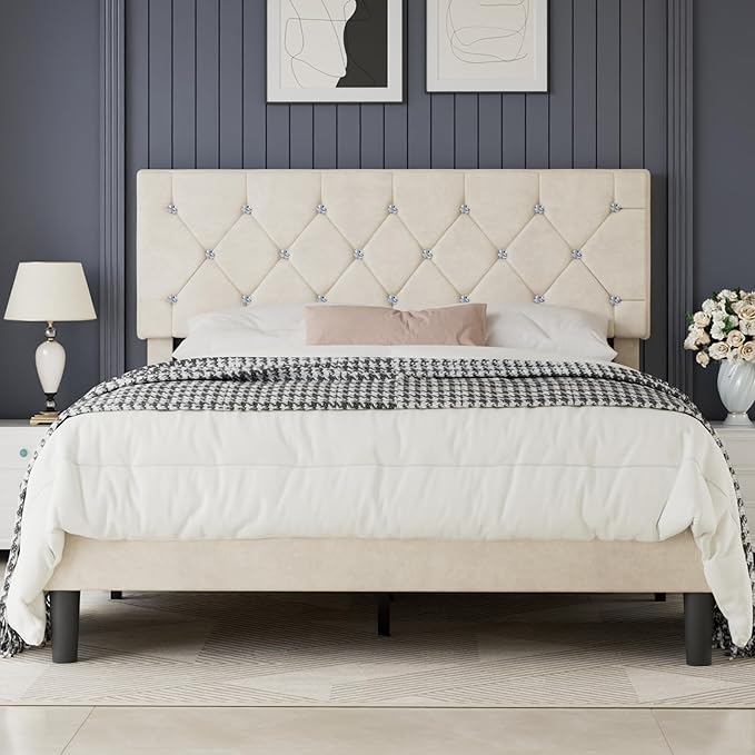 VECELO Queen Size Bed Frame with Diamond Tufted Headboard, Upholstered Platform Bedframe with Wood Slat Support, No Box Spring Needed, Pala Beige