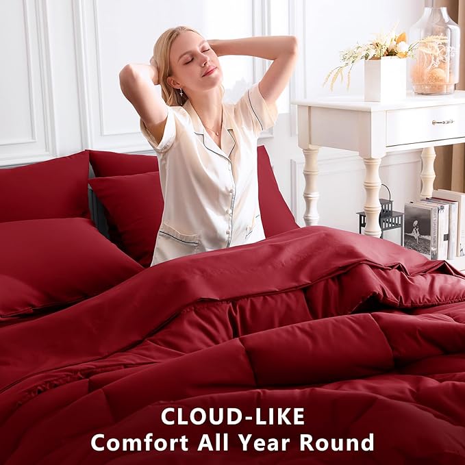 CozyLux Oversized King Comforter Sets Dark Red, 7 Pieces Bed in a Bag, Ultra-Soft All Season Bedding Sets with Stitch Quilted Comforter, Flat Sheet, Fitted Sheet, Pillowcases