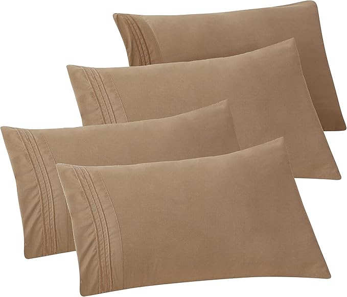 Elegant Comfort 4-PACK Solid Pillowcases 1500 Premium Hotel Quality Microfiber - Smooth Weave, Wrinkle and Stain Resistant, Easy Slip-On, 4-Piece Set, Standard/Queen Pillowcase, Taupe