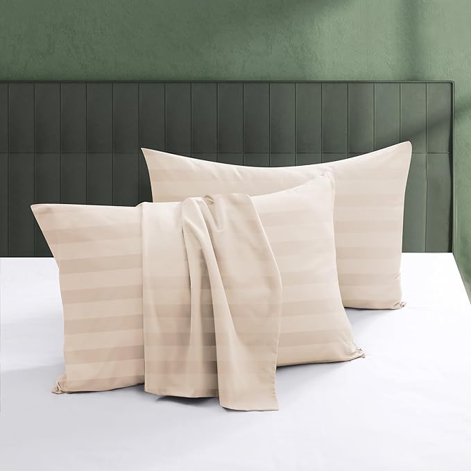 100% Egyptian Cotton Zippered Toddler Pillowcases Set of 2, 600 Thread Count Small Pillow Cases, Super Soft and Breathable Pillow Protector, 13x18 Inches (Stirpe Beige, Toddler)