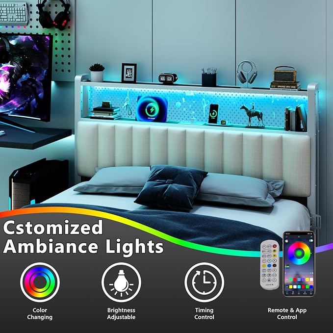 VINGLI King Size Headboard for Bed,Upholstered Headboards with Storage, Charging Stations and LED Lights, 2 Tier Shelves and Pegboard, Modern Bed Head Board, Adjustable Height, White