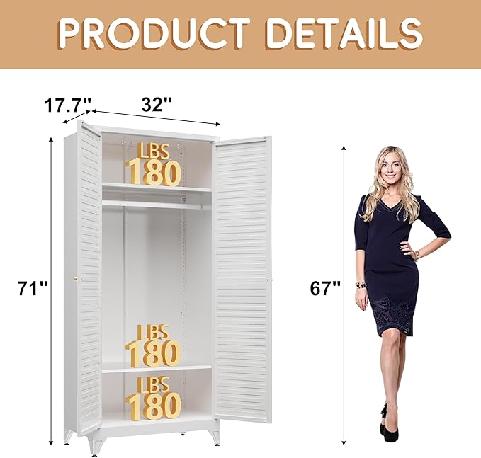 SteeLoong 71" Metal Wardrobe Cabinet with Hanging Rod, Armoire Wardrobe Closet with Doors and Adjustable Shelves, Whiet Clothing Storage Cabinets for Bedroom Office,School,Hospital