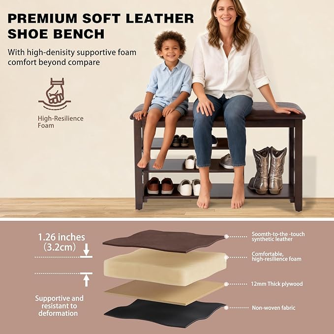 PY HOME & SPORTS Shoe Rack for Entryway 31.5": 3-Tier Shoe Storage Bench,Adjustable/Removable Shelves, Rubberwood Shoe Benches for Hallway, Porch, Bathroom, Brown