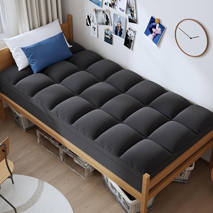 ELEMUSE Twin XL Black Mattress Topper for Dorm Bed, College Dorm Room Essentials for Girls&Guys, Soft Comfortable Bed Upgrade for Back to School, Apartment&Rental Use
