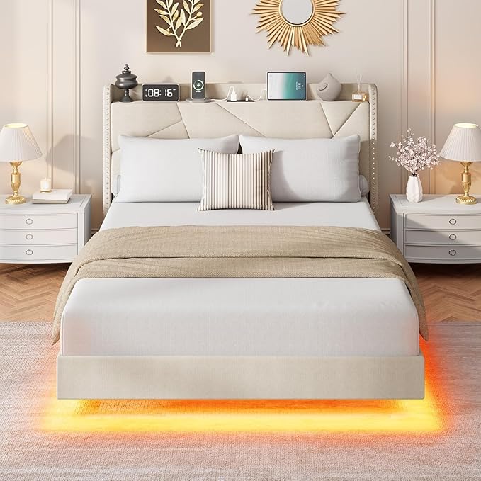 Garvee Full Size Floating Bed Frame with RGB LED Lights and Charging Station, Upholstered Platform Bed with Storage Headboard and Button Tufted Design, No Box Spring Needed, Beige