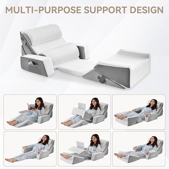 Yojoker 9PCS Orthopedic Bed Wedge Pillow Set for Sleeping, Back and Leg Pain Relief, Post Surgery Foam Pillow for Body, Triangle Adjustable Support Pillow - Acid Reflux Sleeping Pillows