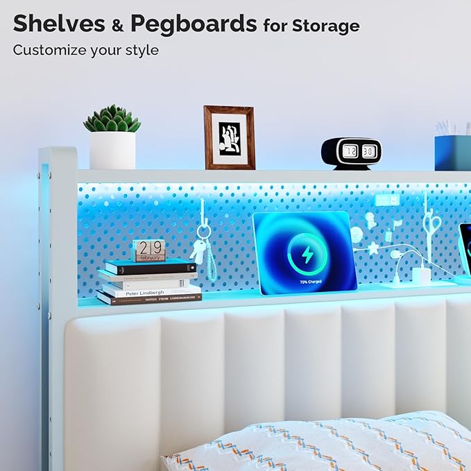 VINGLI King Size Headboard for Bed,Upholstered Headboards with Storage, Charging Stations and LED Lights, 2 Tier Shelves and Pegboard, Modern Bed Head Board, Adjustable Height, White