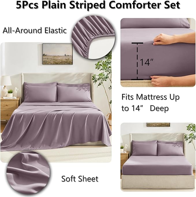 CozyLux Twin XL Comforter Set Dusty Purple, 5 Pieces Twin Extra Long Bed in a Bag for College Dorm, All Season Bedding Set with Stitch Quilted Comforter, Flat Sheet, Fitted Sheet, Pillowcases