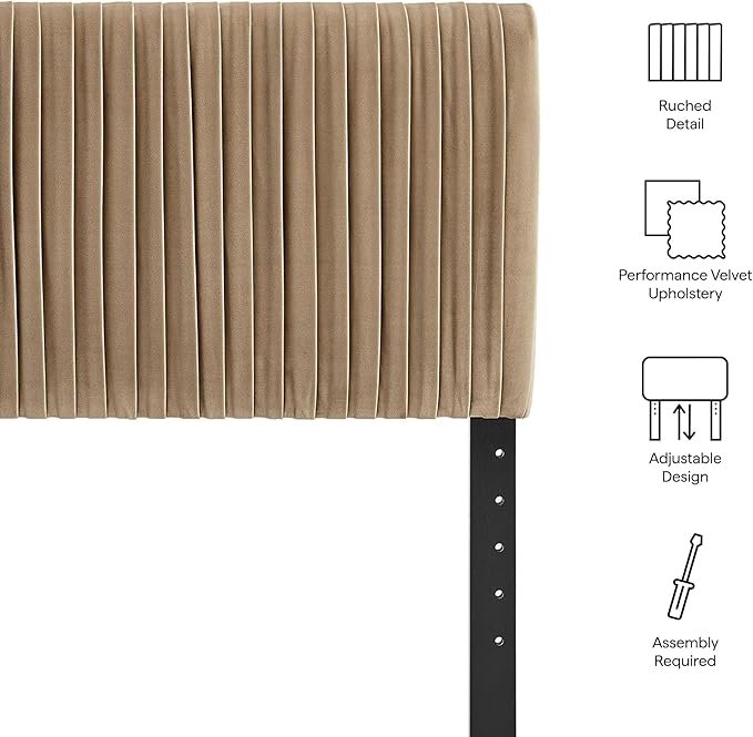 Modway Eloise Full Velvet Headboard with Ruched Details in Taupe - Modern Bed Headboard Only with Stain-Resistant Performance Upholstery, Height-Adjustable Mount
