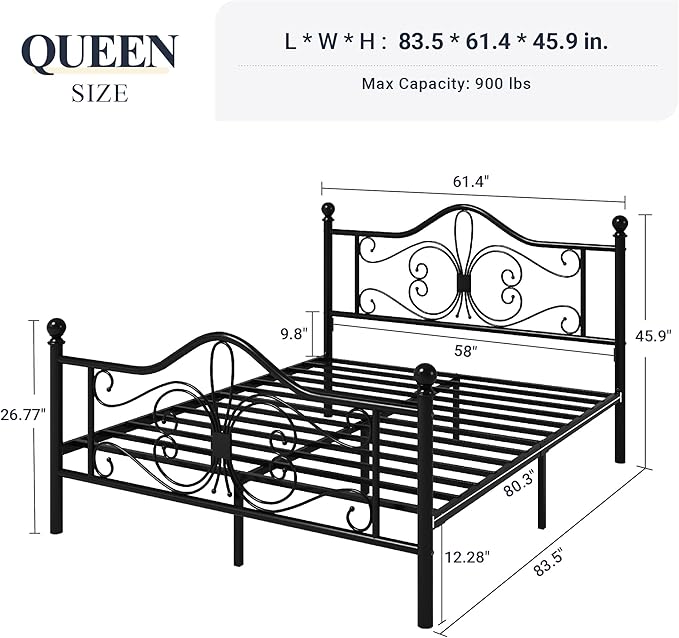 Allewie Queen Size Bed Frame with Headboard,Metal Bed Frame with Butterfly Pattern Design Headboard & Footboard,No Box Spring Needed,Easy Assembly,Black