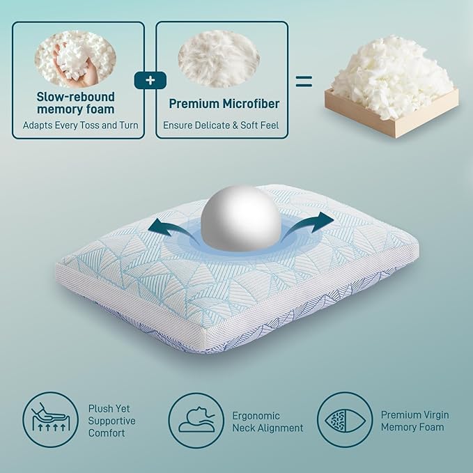 Cotelovo Shredded Memory Foam Cooling Soft Bamboo Viscose Pillow Adjustable Hypoallergenic Hotel Quality Pillow for Stomach, Back or Side Sleeper, Oeko-TEX Certified King Size