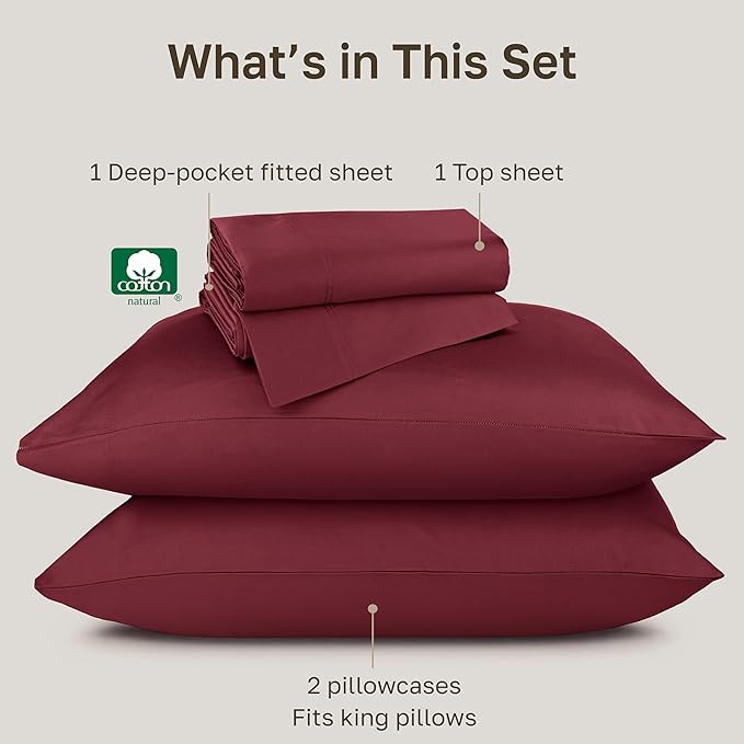 California Design Den Natural 100% Cotton Sheets King Size Deep Pocket Set - Luxury Hotel 800 Thread Count Sateen, King Size Sheets Set, Snug Fit and Durable Bedding - Red Wine
